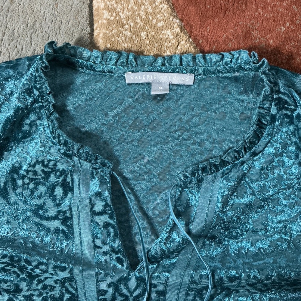 Valerie Stevens Burnout Velvet Damask Blouse Womens Medium Teal Tassel Boho Top - Picture 4 of 8